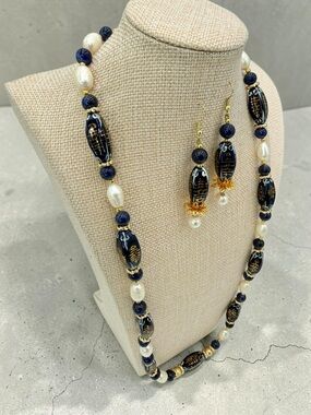 Vintage Chinese Cobalt Calligraphy Beads Genuine Pearl Artisan Necklace Set 26”